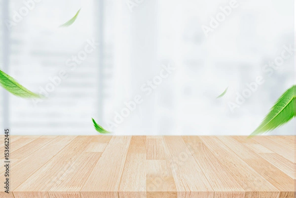 Fototapeta Product Display Mockup: Natural Wood Surface with Fresh Leaves