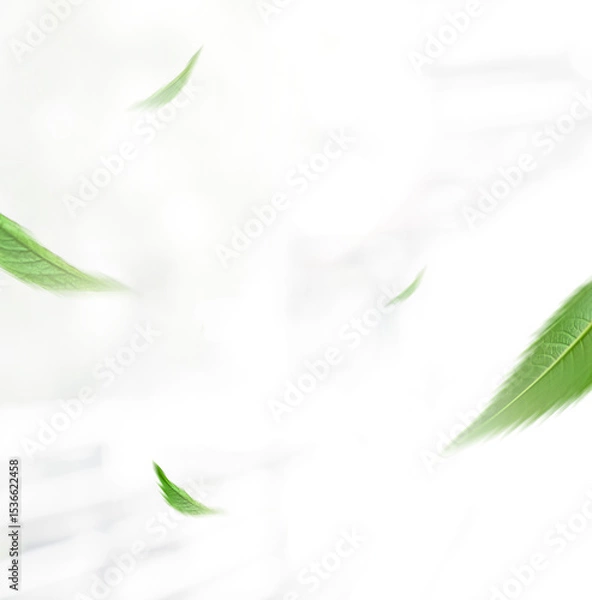 Obraz Flying green leaves on white background. Fresh spring foliage. Environment and ecology backdrop