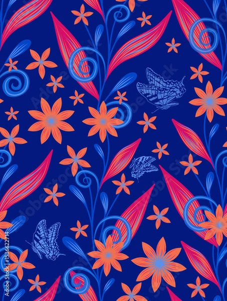 Obraz Seamless Tropical Floral Pattern with Butterflies on Blue Background