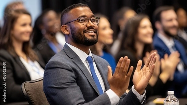 Fototapeta Business conference presenter clapping energetically, showing support for participants dynamic during professional speaking event