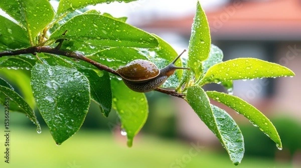 Fototapeta Sluggish Snail Crawling on Lush Green Leaf After Rainfall