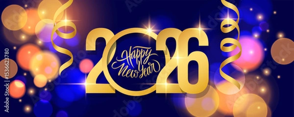 Obraz 2026 Happy New Year celebration banner. Gold ribbons and bright blurred bokeh lights. Vector illustration.