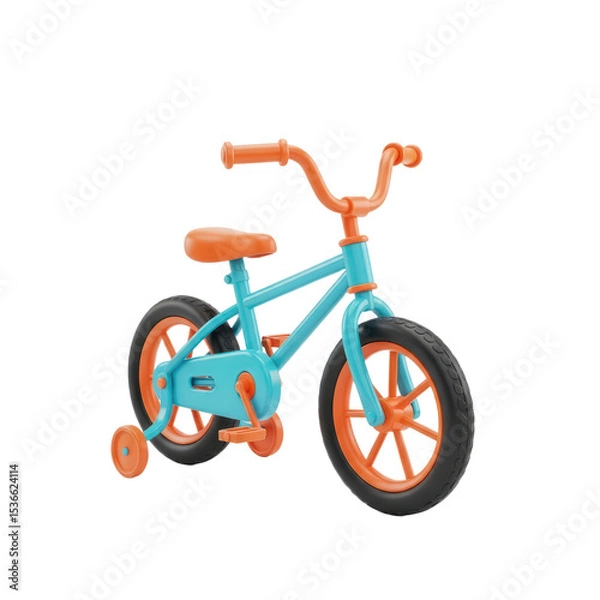 Fototapeta Colorful Children's Bicycle with Orange and Blue Frame and Training Wheels