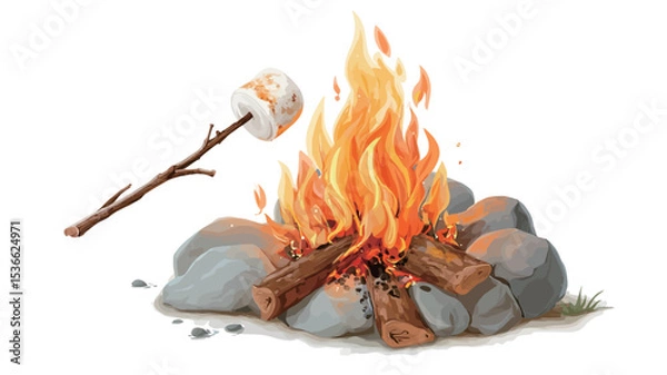 Fototapeta A digital illustration depicts a campfire composed of burning logs nestled amongst grey rocks.  A partially roasted marshmallow impaled on a wooden stick is positioned near the flames.