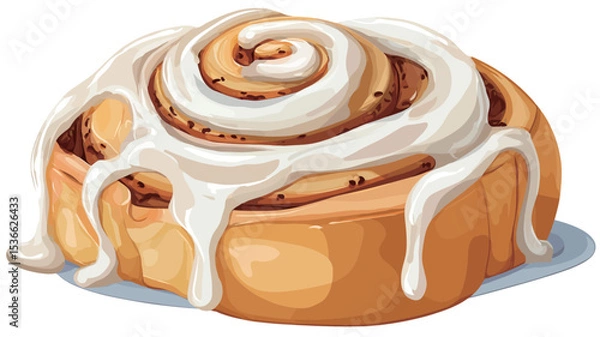 Fototapeta A digital illustration of a single cinnamon roll. The roll is light brown, with a visible spiral pattern. It is topped with a generous amount of off-white cream cheese frosting, 