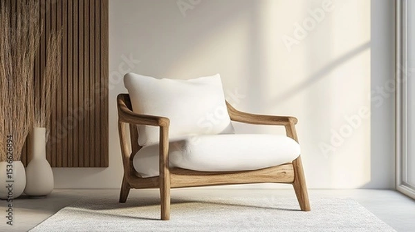 Fototapeta A modern wooden armchair with white cushions sits on a textured rug in a sunlit minimalist room with natural decor.