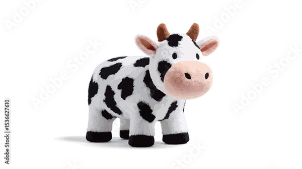 Fototapeta A full shot of a small, plush cow toy against a white background. The toy is predominantly white with black patches, has a simple design and features a soft, fluffy texture.