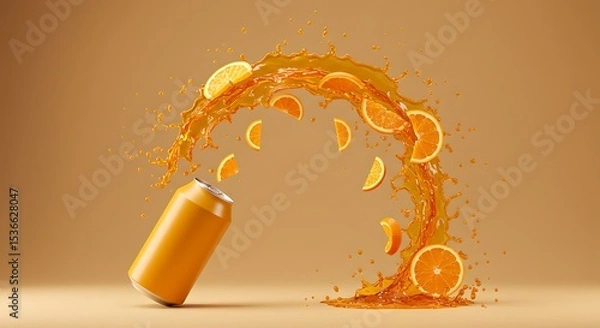 Fototapeta Exploding Orange Flavor: A Can of Citrus Delight with Juice and