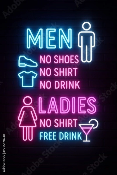 Obraz Humorous Neon Bar Entrance Sign with Dress Code Rules for Men and Women