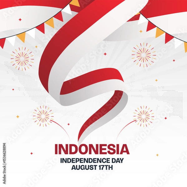 Fototapeta Indonesia Independence Day August 17th with waving ribbon flag and fireworks on dotted map sunburst background