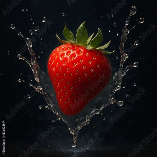 Fototapeta A strawberry with water splash on dark background