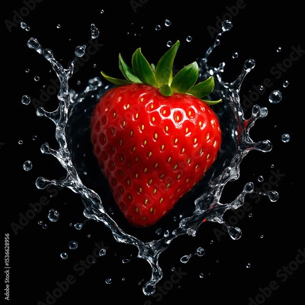 Fototapeta A strawberry with water splash on dark background