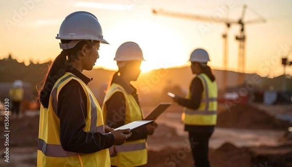 Fototapeta Women construction workers on site at sunset with using tablets for project planning.