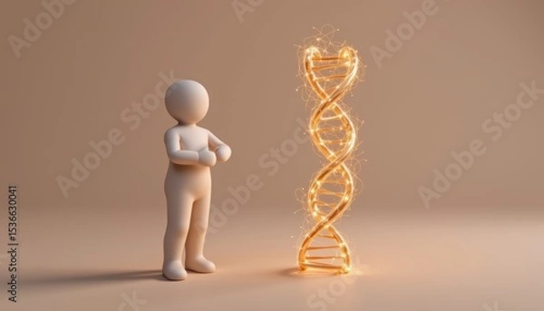 Fototapeta A figure stands beside a glowing DNA helix in a minimalist setting.