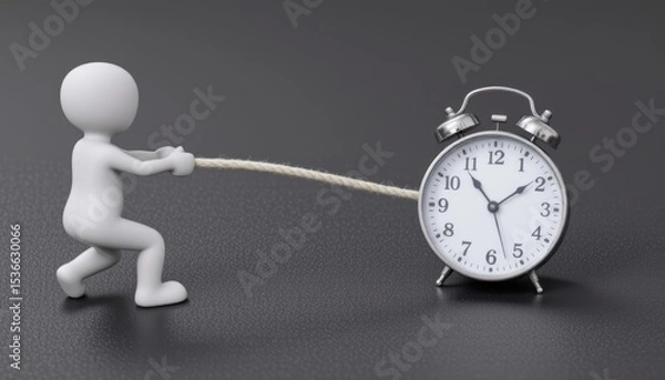 Fototapeta A figure pulling a rope attached to a clock symbolizes time management.