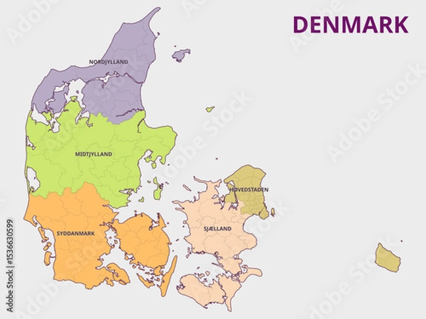 Obraz Map of Denmark Showing Regions and Provinces