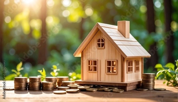 Fototapeta Wooden House Model  Coins on Table in Forest with Saving for Home Concept.