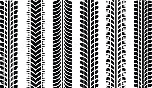 Fototapeta Various Black Tire Tread Marks on White Background for Automotive Design Elements
