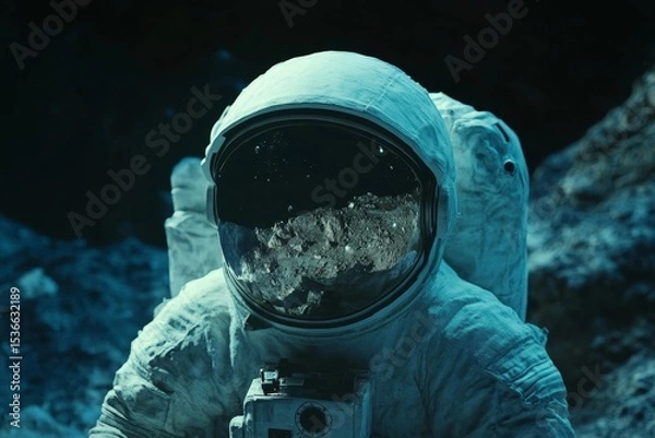 Fototapeta Close up of astronaut helmet reflecting lunar landscape and Earth