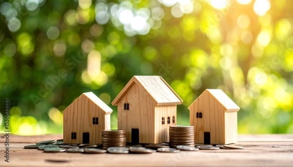 Fototapeta Wooden Houses with Coins with Property Investment Concept, and Bokeh Green Background.