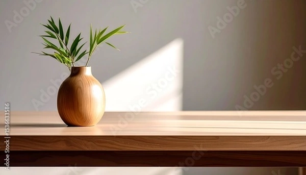 Fototapeta Wooden Vase with Bamboo on Table with Natural Light with Minimalist Zen Design.