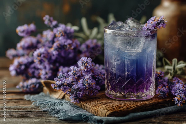 Obraz Violet iced lavender mocktail with ice cubes and floral decor