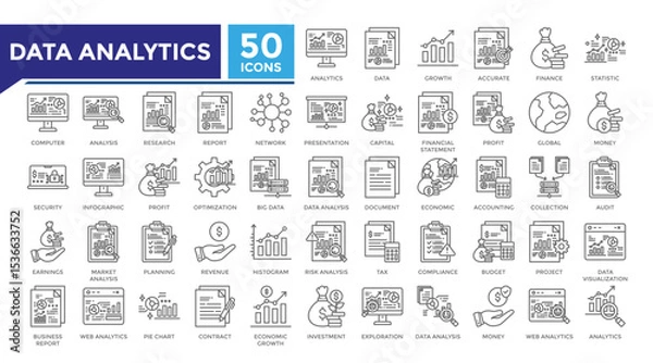 Fototapeta Data analytics lineal icon set collection. This set includes profit, planning, report, investment, presentation, audit, document and more icons in 
lineal style. Vector icons collection for websites