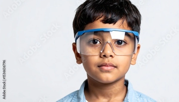 Fototapeta Young Boy in Protective Goggles Looking Directly at the Camera on White.