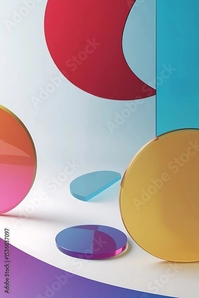 Fototapeta Abstract geometric composition with 3D effect of multi-colored glass and light background, presented in transparent forms.