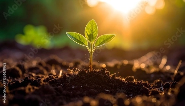 Fototapeta Young plant growing towards the sun with symbol of growth and new life, and macro.