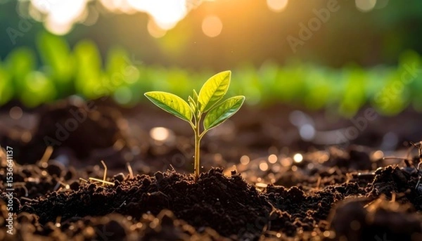 Fototapeta Young seedling in sunlit soil new life with growth, and and hope concept.