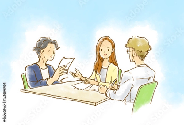 Obraz 会議・打ち合わせをするビジネスパーソンたちのイラスト