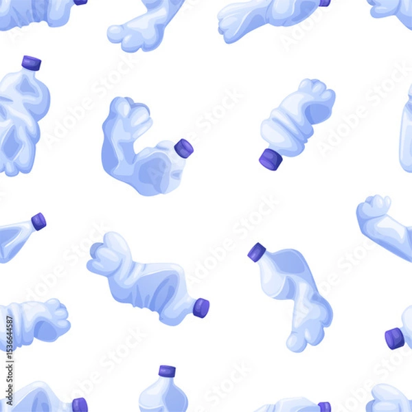 Fototapeta Plastic waste seamless pattern. Isolated crumpled plastic bottles, trash or reusable garbage. Ecology, environment, fabric wallpaper print, vector background