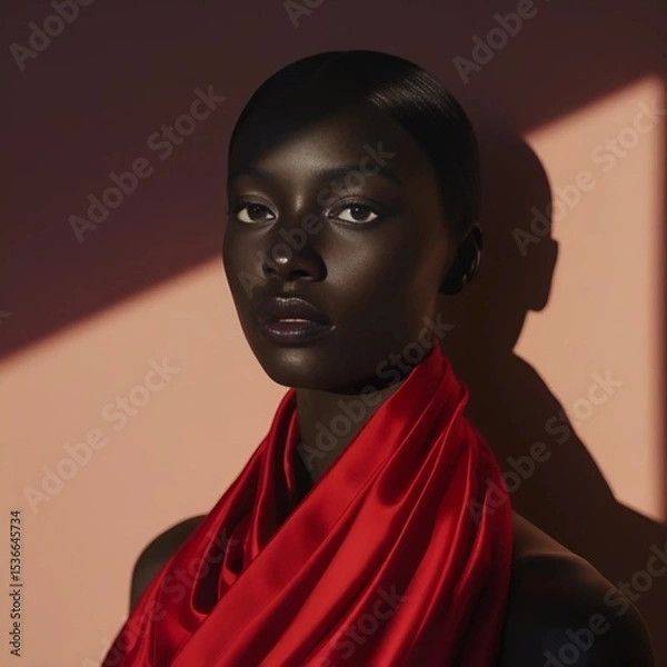 Obraz A black female model in red clothes on a background with a smooth gradient.