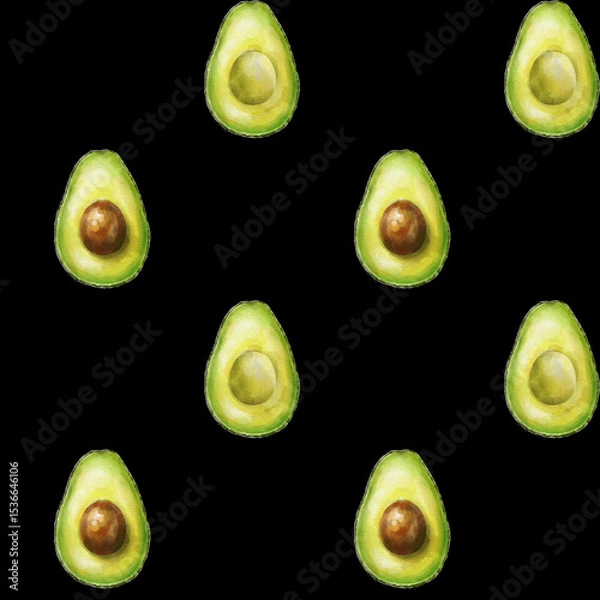 Fototapeta Simple seamless pattern with watercolor half an avocado on black background. Digital illustration. Digital paper.	