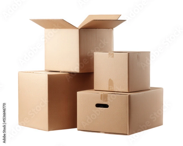 Fototapeta Stacked cardboard boxes with one open on top, isolated on transparency background, showing various sizes and taped closures for storage or moving purposes