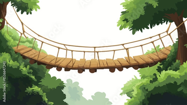 Fototapeta A digital illustration depicting a simple rope bridge spanning across a lush green forest. The bridge is constructed from wooden planks and thick ropes, suspended between two points amidst a dense