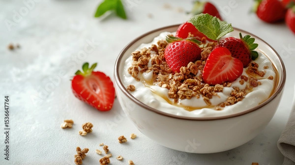 Fototapeta Fresh yogurt with granola and ripe strawberries in a bowl on light background. Healthy breakfast concept. Natural ingredients.