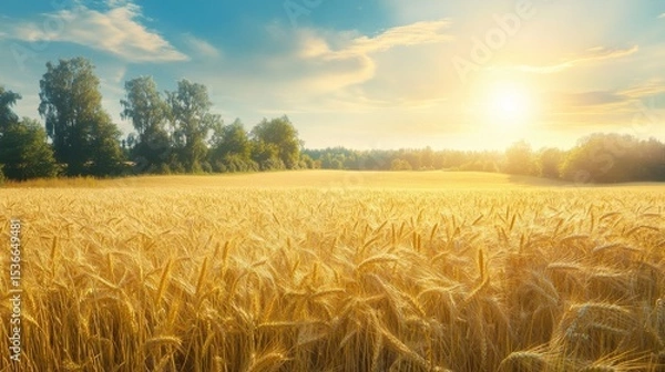 Fototapeta Golden wheat field swaying in the sunset breeze