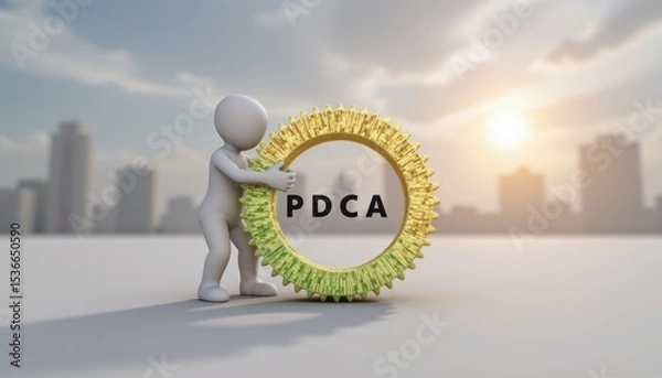 Fototapeta PDCA Plan do check action concept, 3D figure embracing PDCA symbol against a city skyline backdrop.