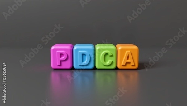 Fototapeta PDCA Plan do check action concept, Colorful blocks spelling PDCA on a reflective surface.