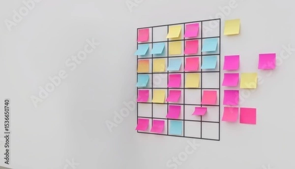 Fototapeta Colorful sticky notes arranged on a wall grid for organization.
