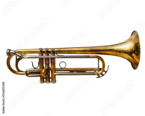 Fototapeta Vintage brass trumpet with three valves and worn finish isolated on transparency background, showing detailed metalwork and tubing in musical instrument