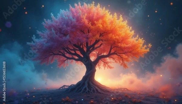 Obraz Magical tree displaying autumn and spring colors at twilight