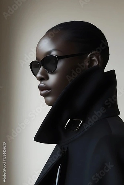 Obraz Part of the silhouette of an African-American girl wearing black sunglasses in a high-collared coat, looking to the side.