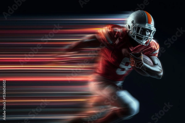 Fototapeta A football player is running with a football in his hand. The image is in black and white and has a blurred effect