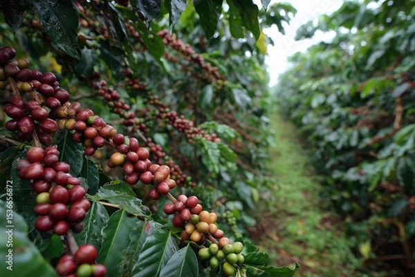 Fototapeta A row of red and green coffee berry hanging from a tree. The fruit is ripe and ready to be picked