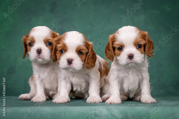 Fototapeta Three Cavalier King Charles Spaniel puppies sitting in a row and watching. Studio shooting on a green background