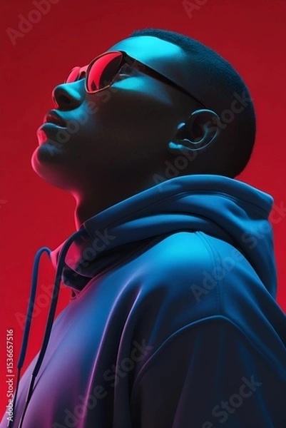 Obraz Futuristic portrait of a black young man looking up wearing sunglasses and a hoodie, standing in profile against a red background.