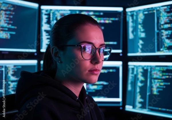 Fototapeta Focused Female Programmer Working on Multiple Screens in a Dark Room